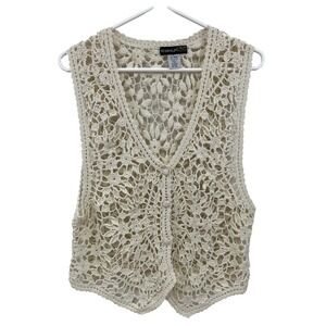 Harold's VTG Crochet Vest Size L Ivory Ramie 3 Button Layering (Runs Small) 19"